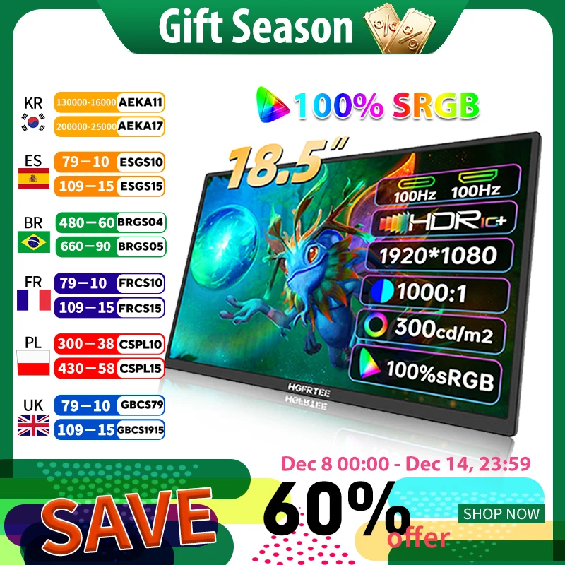 HGFRTEE 휴대용 모니터 ADS-IPS, VESA 홀 및 스탠드 포함, 노트북 세컨드 스크린, 100Hz RGB100 % 확장 디스플레이, 18.5 인치