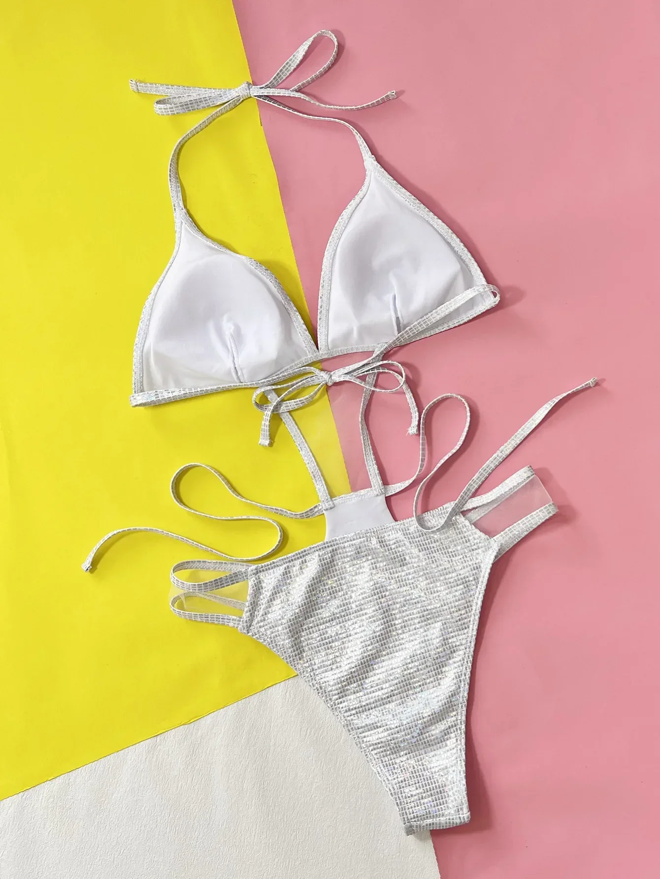 Trajes de baño sexis con purpurina plateada, bikinis de vendaje, monos huecos de una pieza, traje de baño sin espalda con lazo halter, Bikini Bakini para mujer