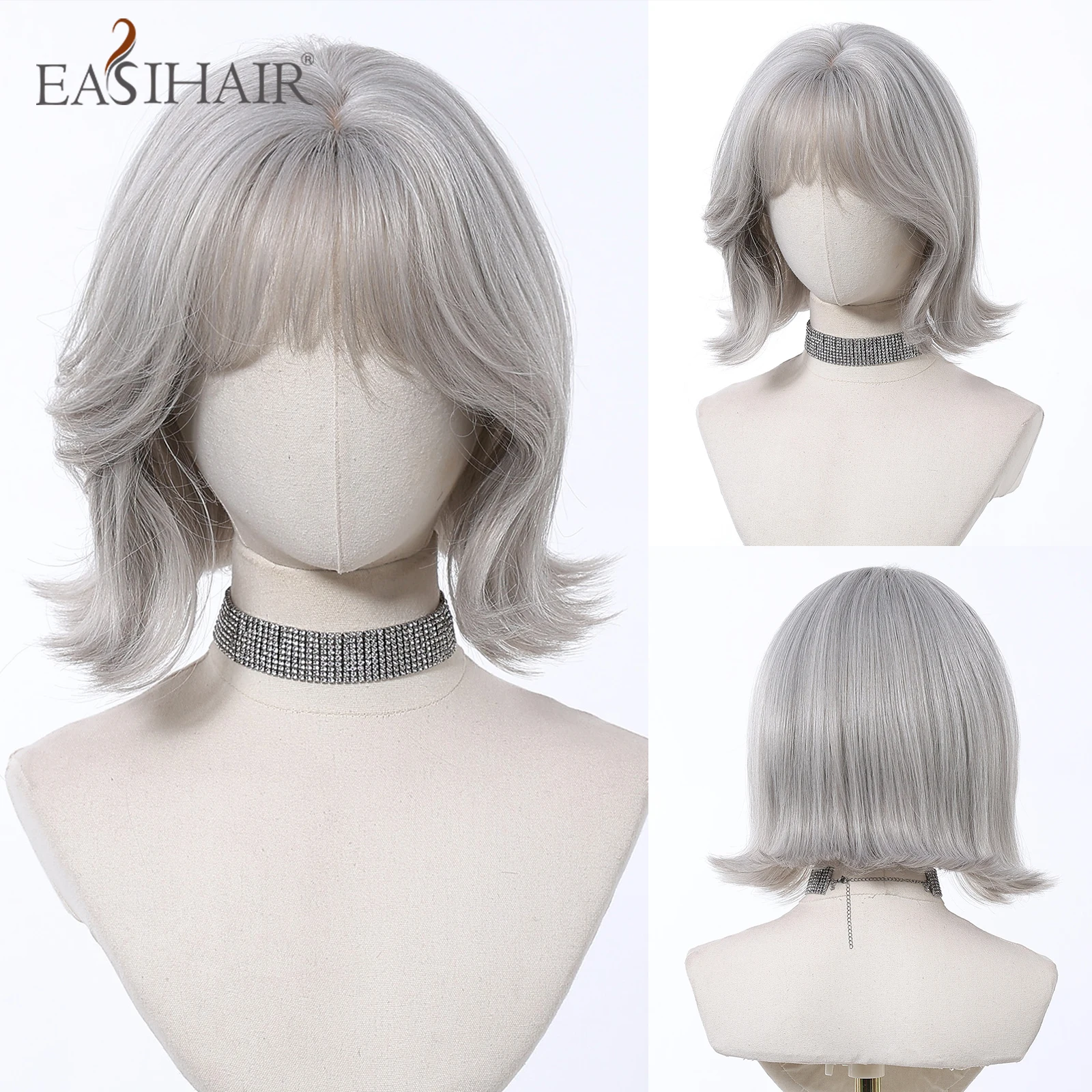 

EASIHAIR Short Silver Gray Synthetic Wigs for Women Straight Bob Natural Hair Wigs With Bangs Daily Use Cosplay Heat Resistant