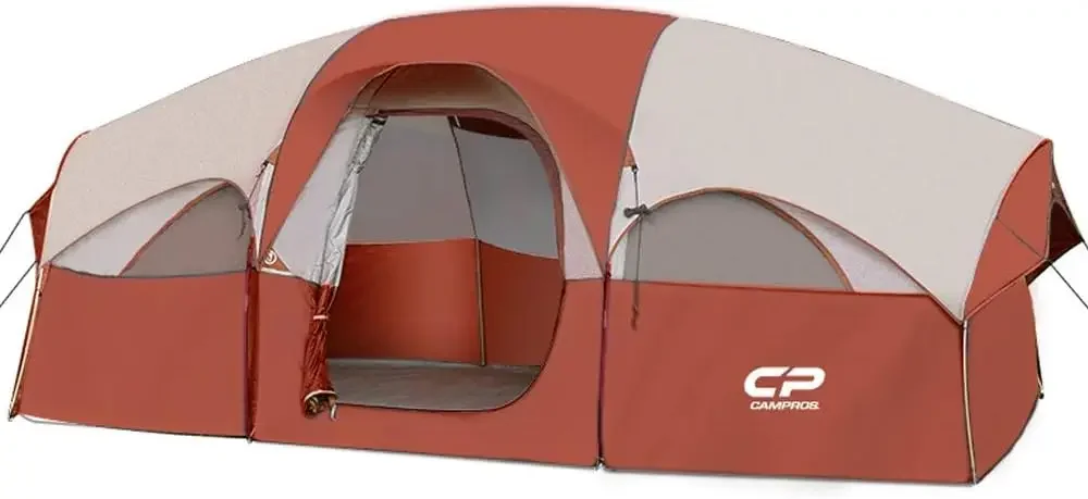 8 Person Camping Tent, Room Divider, Rainfly, Weather Resistant | Family tent with 5 large mesh windows, double-layer design