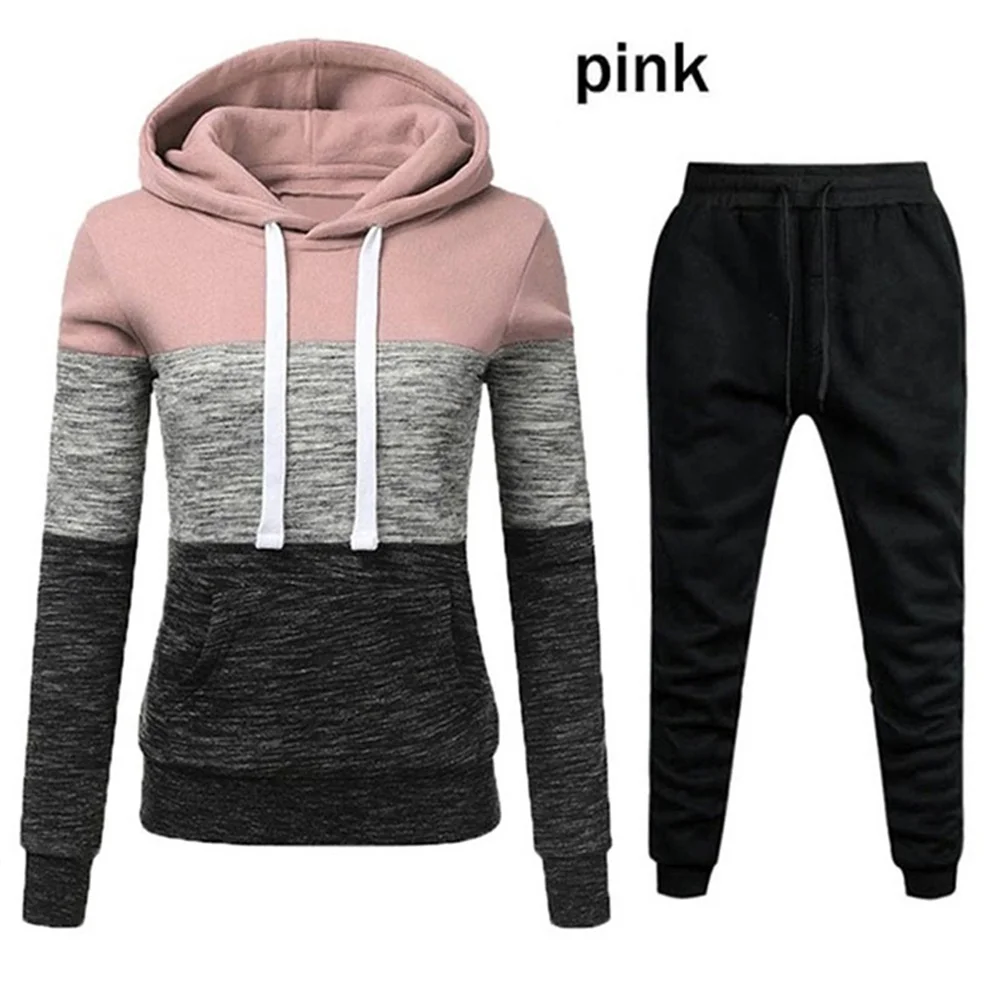 New Womens Hoodies Sweatshirt +Sweatpants 2 Piece Set Warm Splice High Quality Tracksuit Casual Jogging Pants Suit