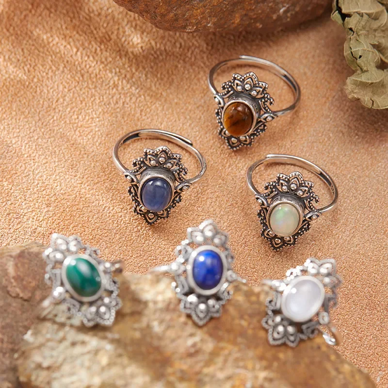 Personalized retro Thai silver natural colored treasure ring female S925 sterling silver court pattern advanced sense index