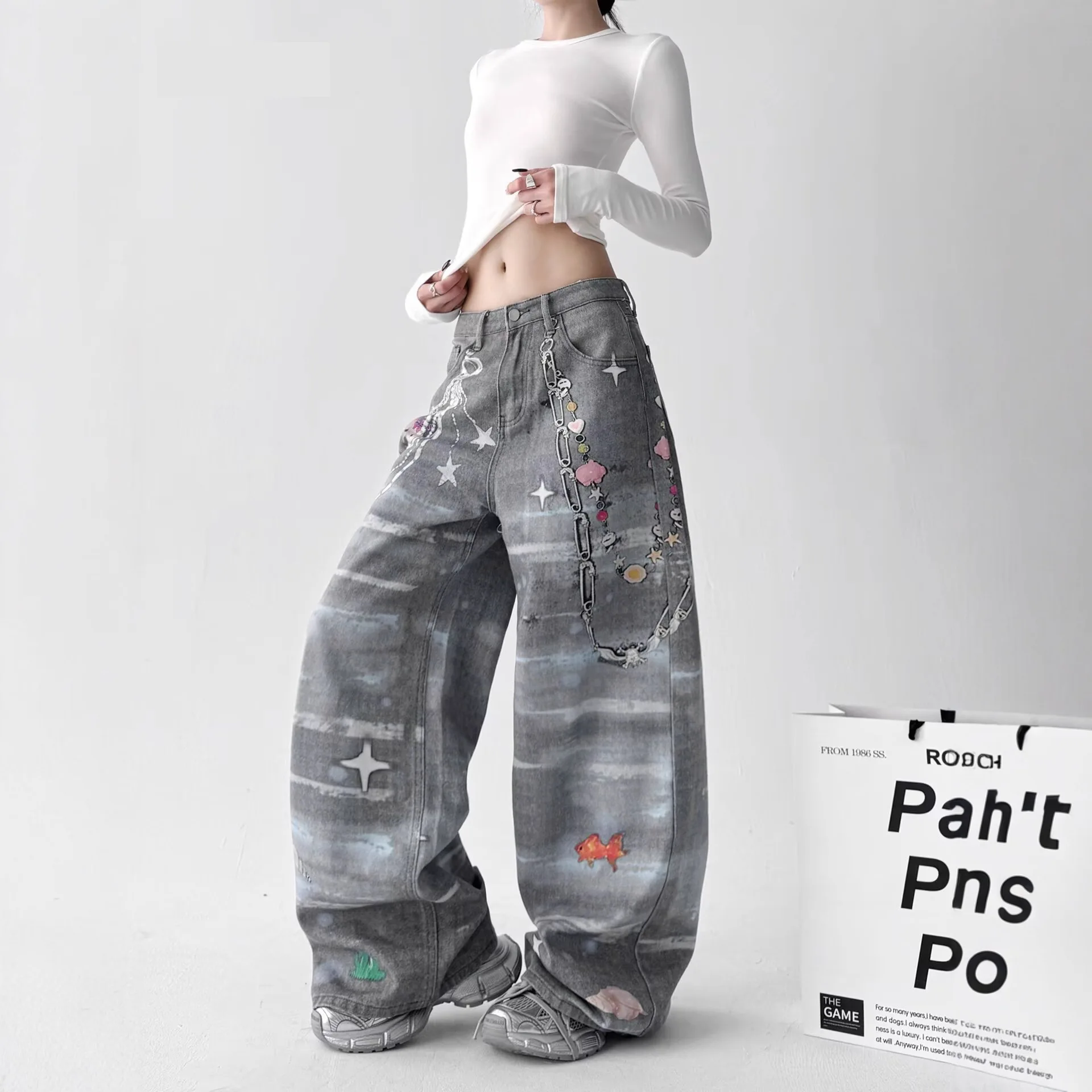 2026 New Y2K High Street Vintage Washed 3D Printed Chain Jeans For Women Loose Straight Casual Wide Leg Pants