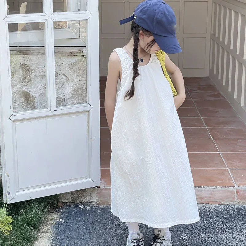 Baby Girls\' French V-neck Design Loose Sleeveless Dress Summer Backless Long Dress Kids Solid Color White Temperament Clothes