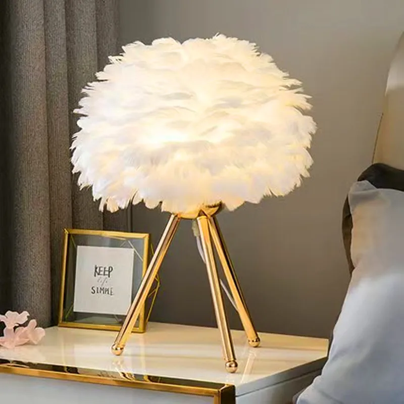 Feather Decoration Desktop Table Lamp Bedroom Bedside Atmosphere Girls Room Night Light Christmas Lighting Romantic Gift