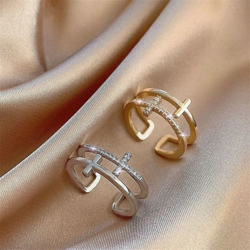 Fashion Double-Layer Cross Stackable Cubic Zirconia Silver Adjustable Finger Rings For Women Bling Jewelry gift