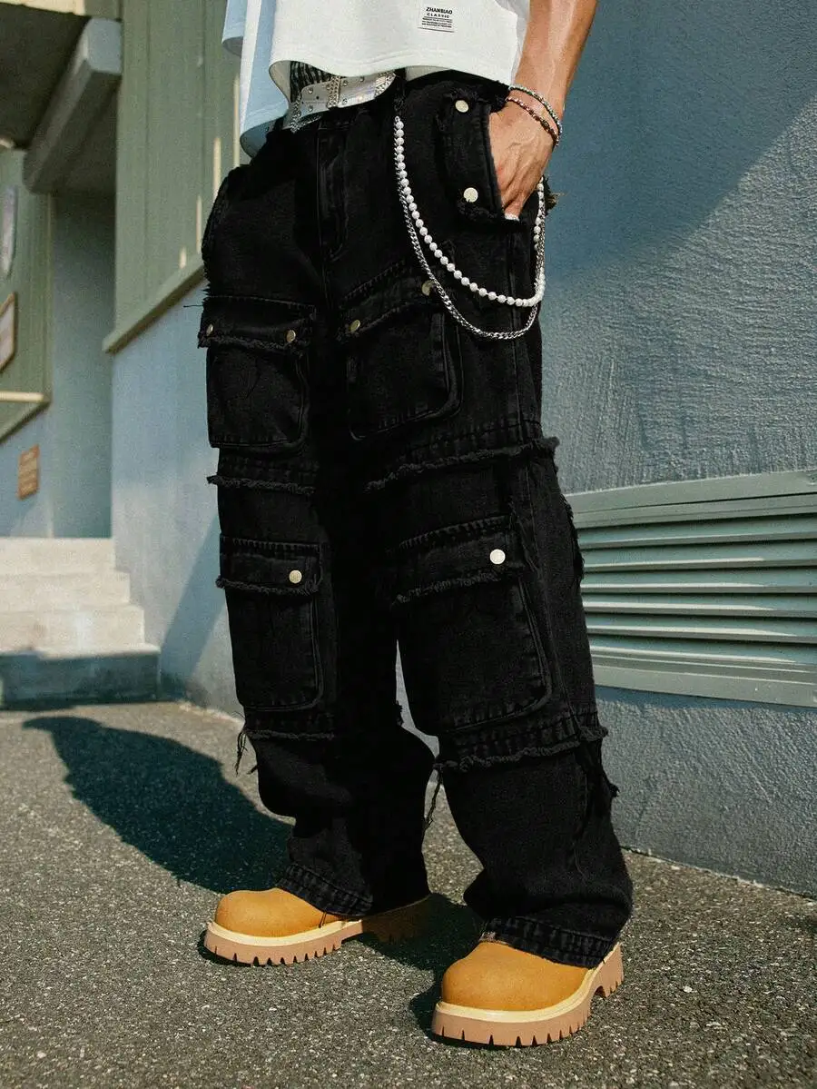 Men's Fashion Hiphop Multi-Pocket Loose Fit Baggy Cargo Wide Leg Jeans