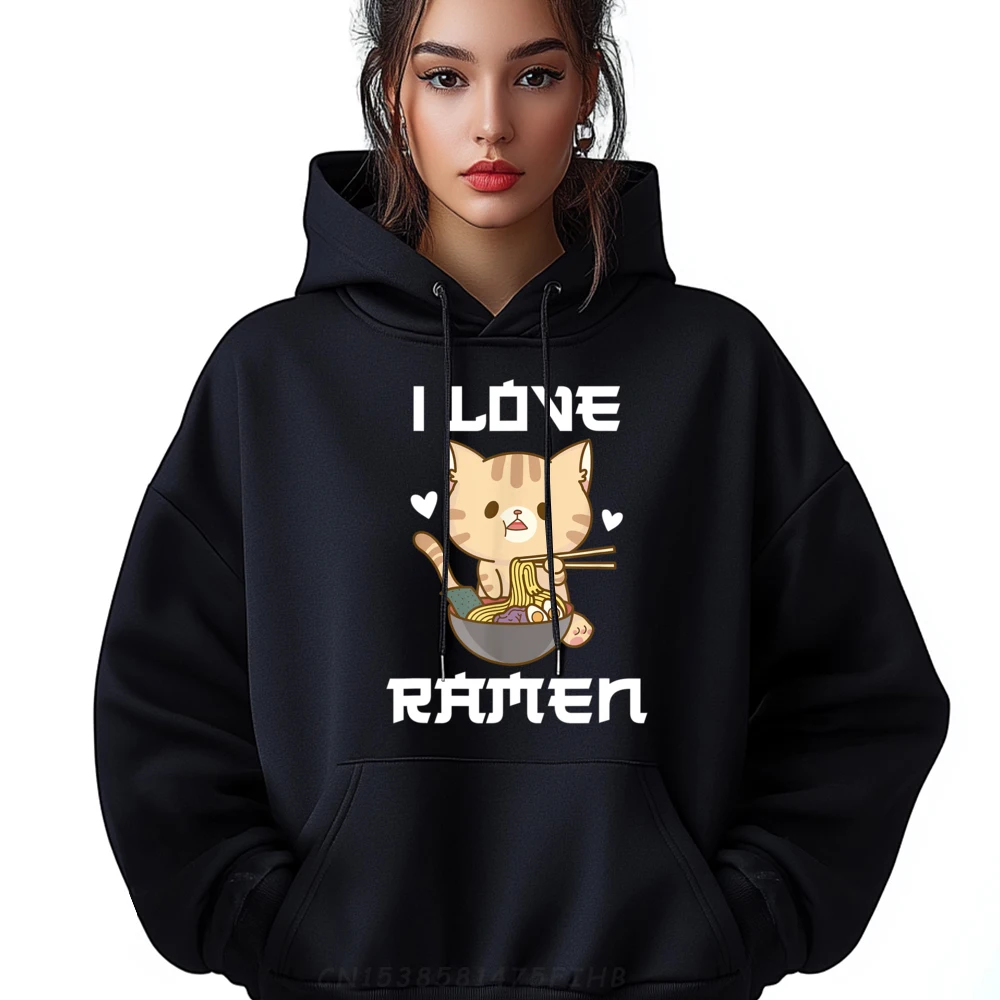 Kawaii Cat Eating Ramen Noodle Soup I Love Ramen Plain Sweatshirts Wholesale Mans Hoodies Homme Illustration