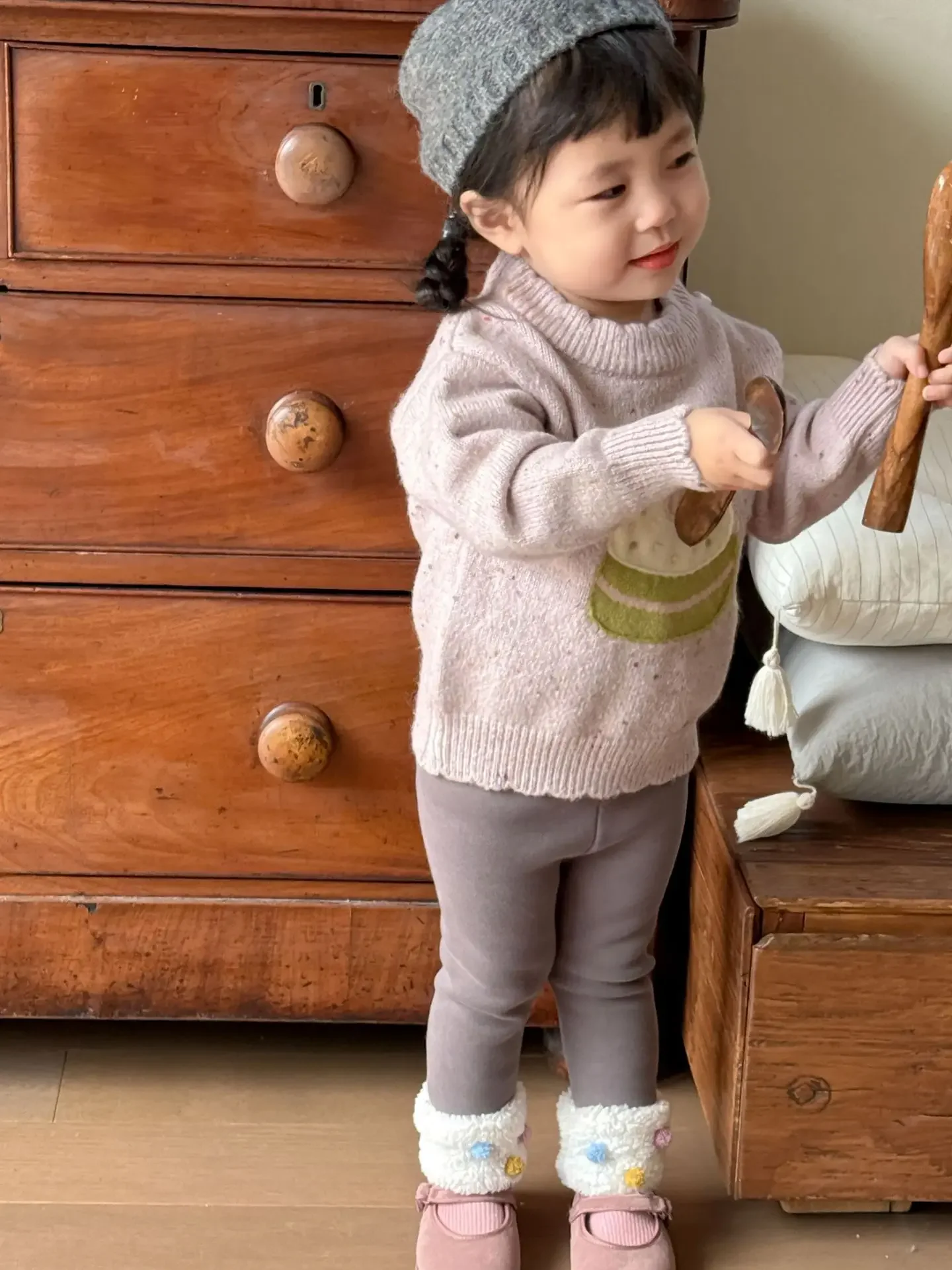 Suéter para niñas, ropa de invierno para niños, suéter de encaje de pastel grueso bonito de estilo coreano para niñas, informal, sencillo y dulce, 2024