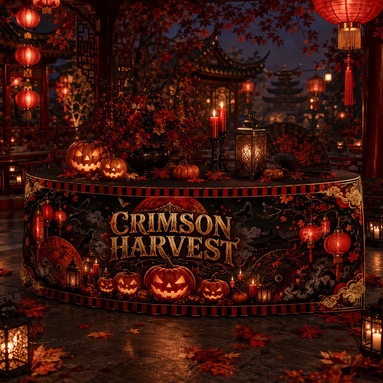 The red harvest print table skirt is suitable for bars and celebration decorations. It is made of polyester material.xzj