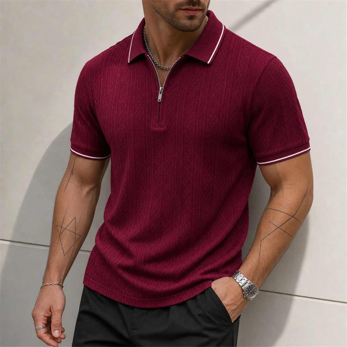 Men's Vintage Solid Color Polo Shirt Summer Jacquard Zipper Short Sleeve Breathable Textured Lapel Casual Fashion T-Shirt