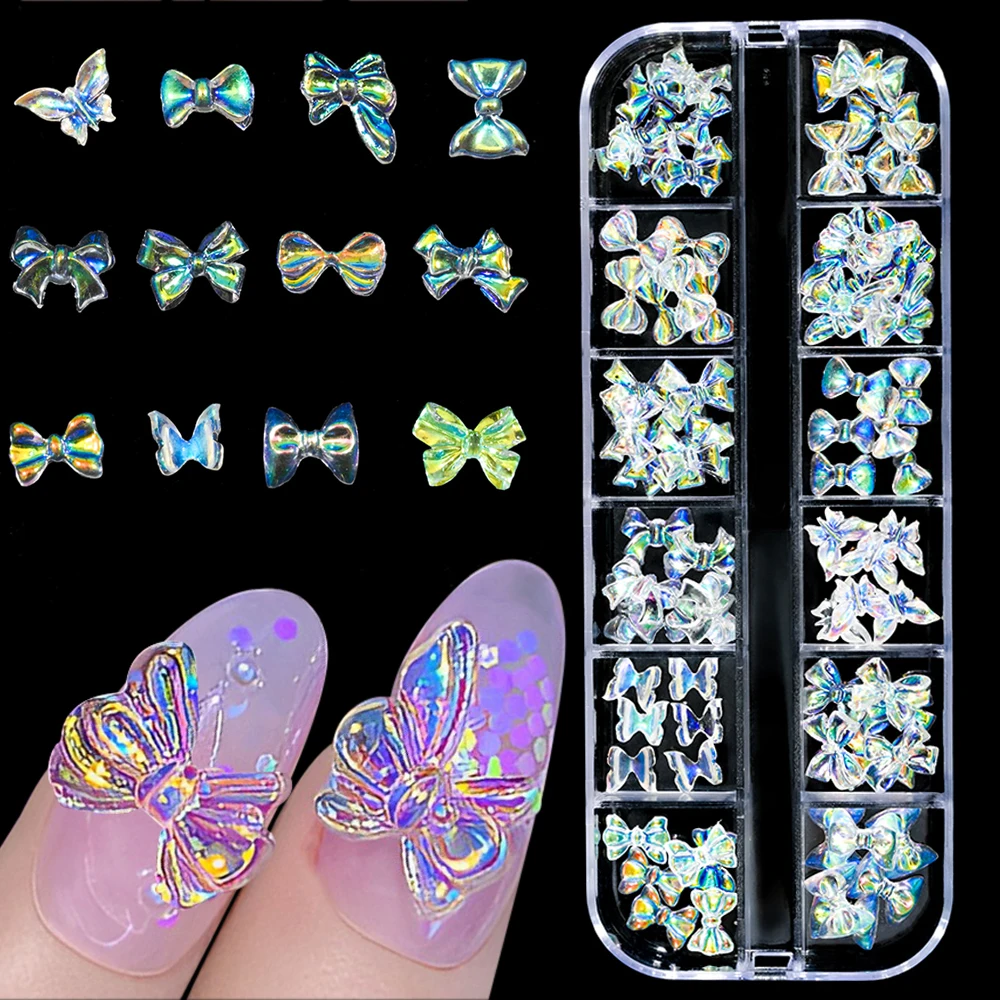 12grids Aurora Bow Nail Charms Transparent Bowtie Butterfly Nail J Rhinestones Mixed Size 72pcs/box Cute Bowknot Nail Jewelries