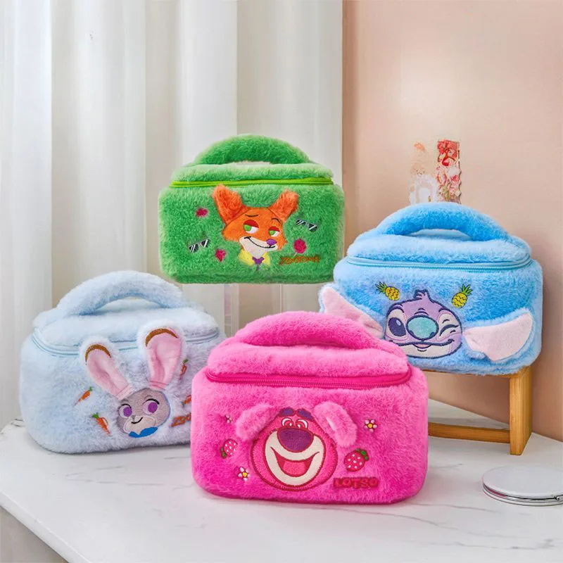 

Disney Cartoon Plush Cosmetic Bag Cute Lotso Stitch Nick Judy Makeup Bag with Handle Soft Fluffy Storage Pouch Kawaii Gift Girls