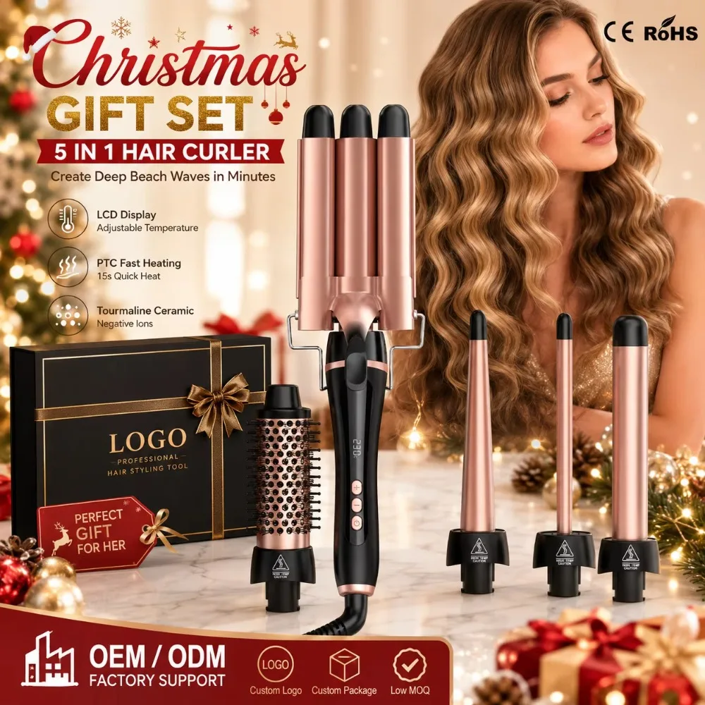 5‑in‑1 Professional Curling Iron Set, LCD Tourmaline Ceramic Hair Curler for Holiday Xmas Gift Daily Hair Styling