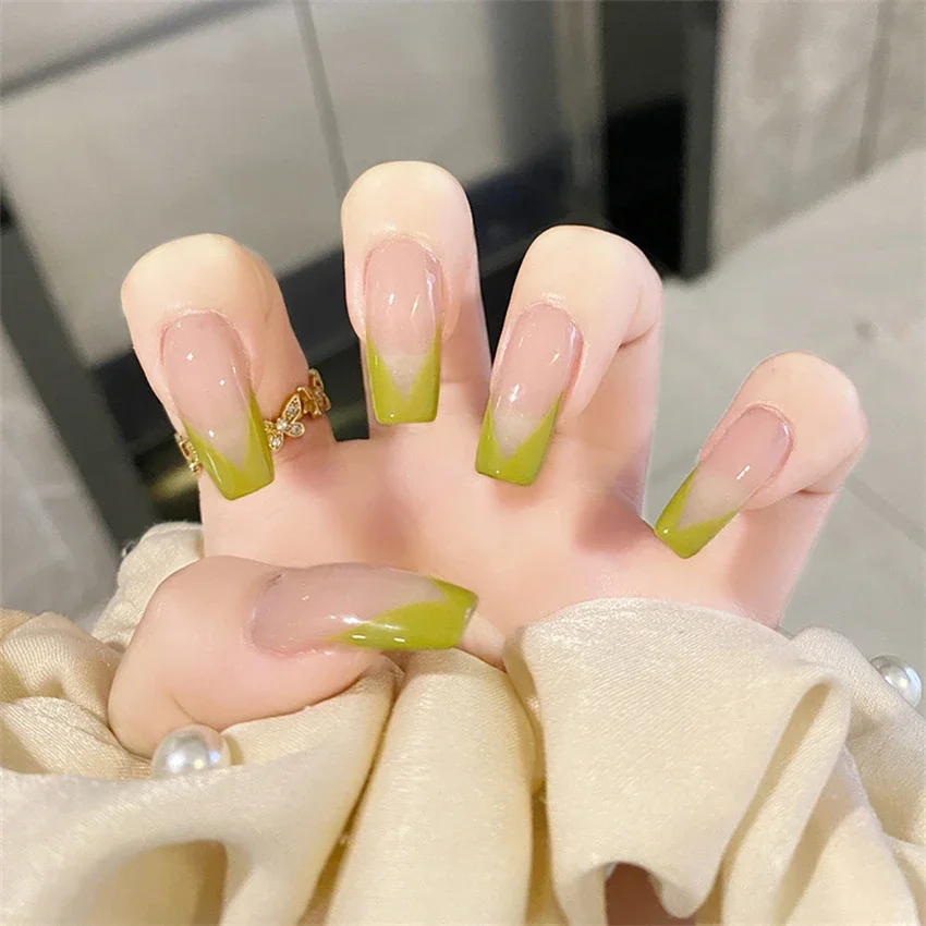 

24Pcs/Set French Paste Tender Sprout Green Press on Nail Art Removable Avocado Colour Wearing False Nails Fresh Fake Nails Tips