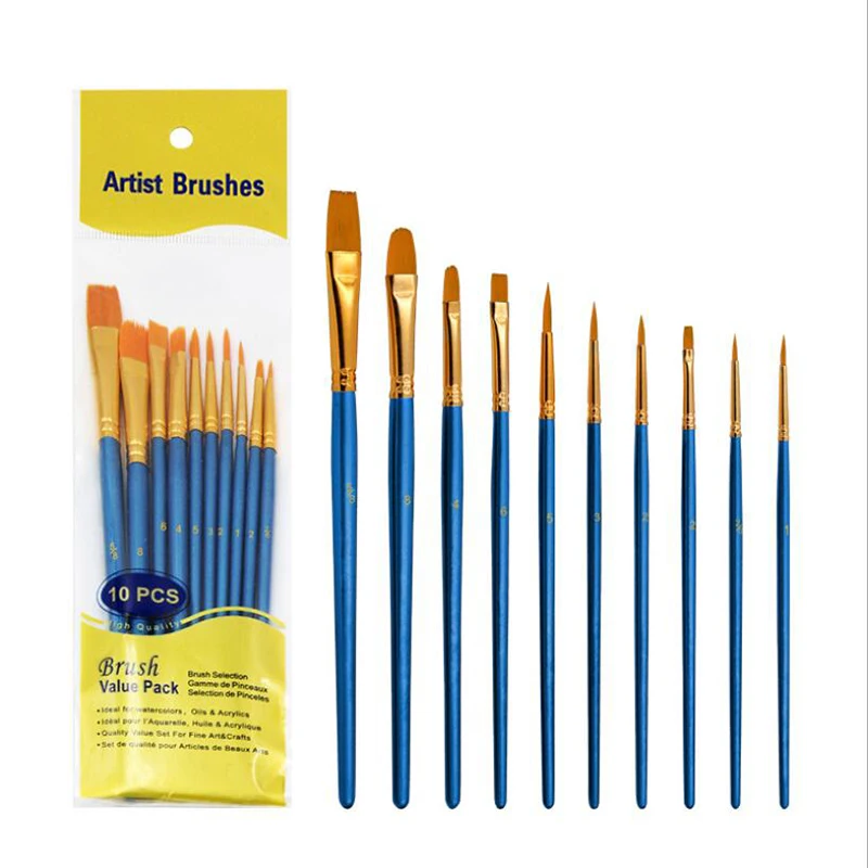 10Pcs  Paint By Numbers Brushes Watercolor Gouache Paint Brushes Different Shape Round Pointed Tip Nylon Hair Painting Brush