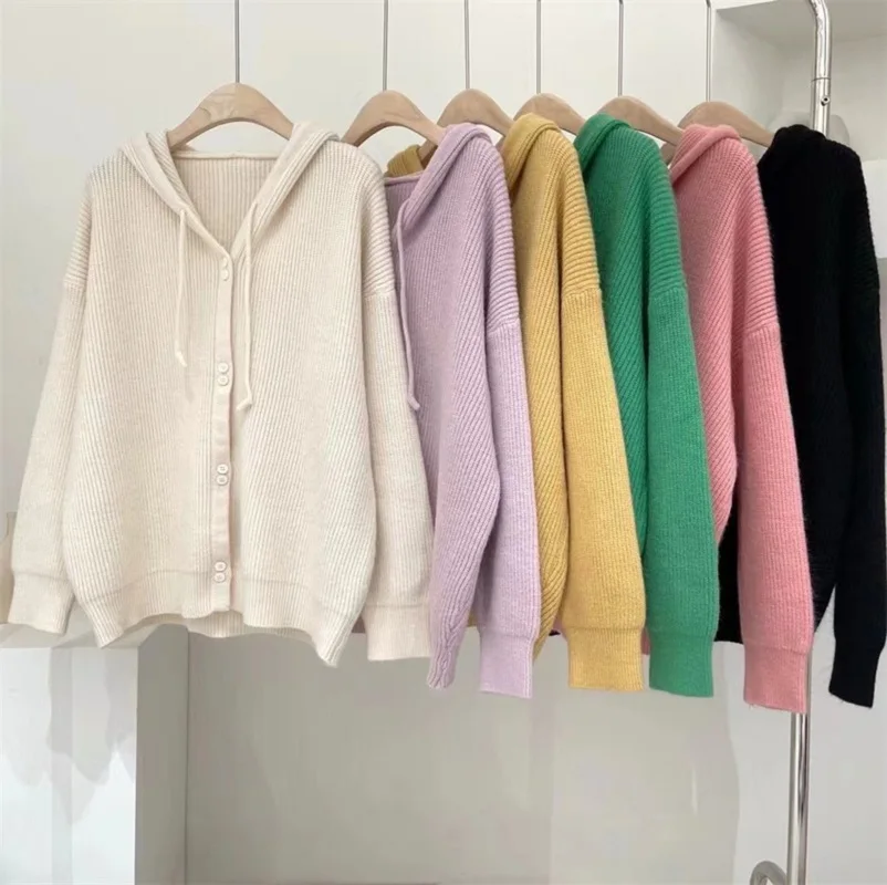 Women's Korean Hooded Sweater Knitted Cardigan Long Sleeve Top Knitwear Loose Candy Color Sweaters Autumn Winter Clothes 2024