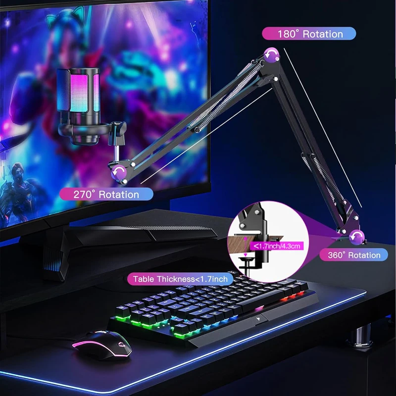 USB ميكروفون إلغاء الضوضاء مكثف هيئة التصنيع العسكري RGB تعليق قوس لبث بودكاست تويتش يوتيوب ديسكورد الكمبيوتر PS4 PS5