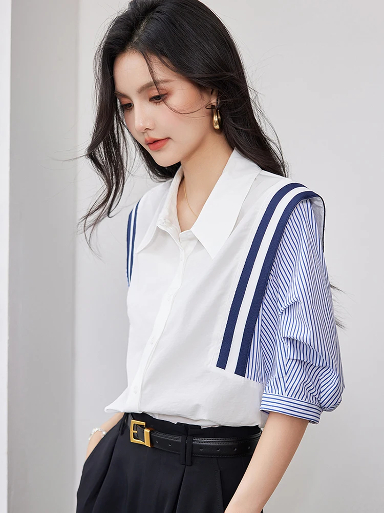 French Elegant Office Lady Shirt Female 2024 Spring Striped Contrasting Color Long-Sleeved Temperament Slim Top Fashion Blouse