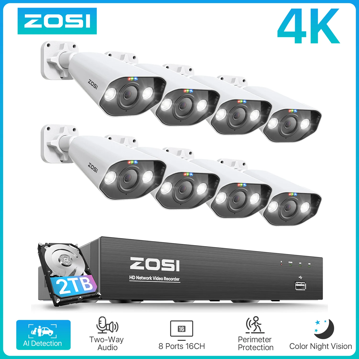 ZOSI 8CH POE Video Surveillance Kit 4K 8MP 5MP Super HD Outdoor IP Cameras AI Starlight Night Vision CCTV Security Camera System