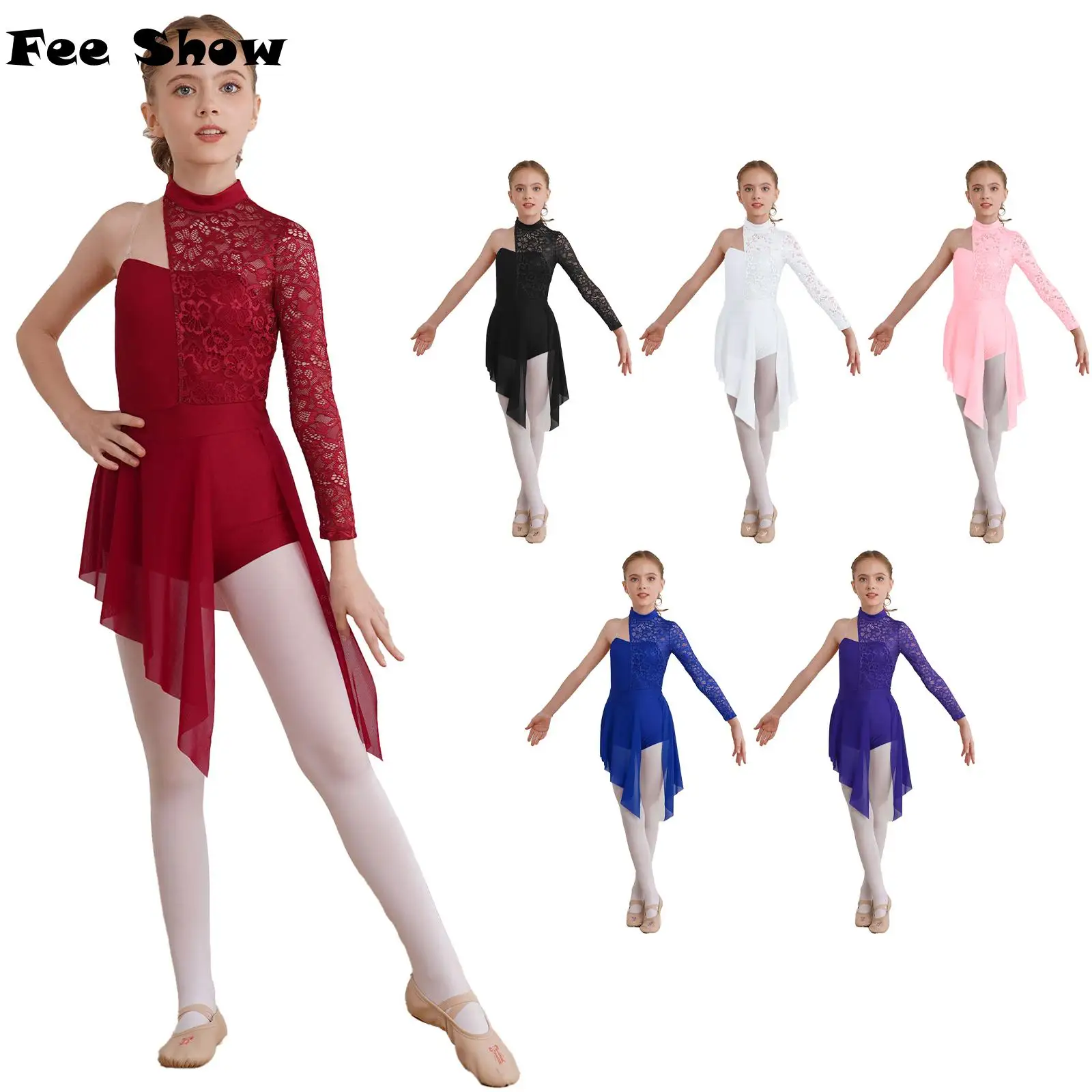 Vestito da ballo lirico per bambina, pizzo floreale, monospalla, asimmetrico, pattinaggio di figura, ginnastica, body, tuta intera