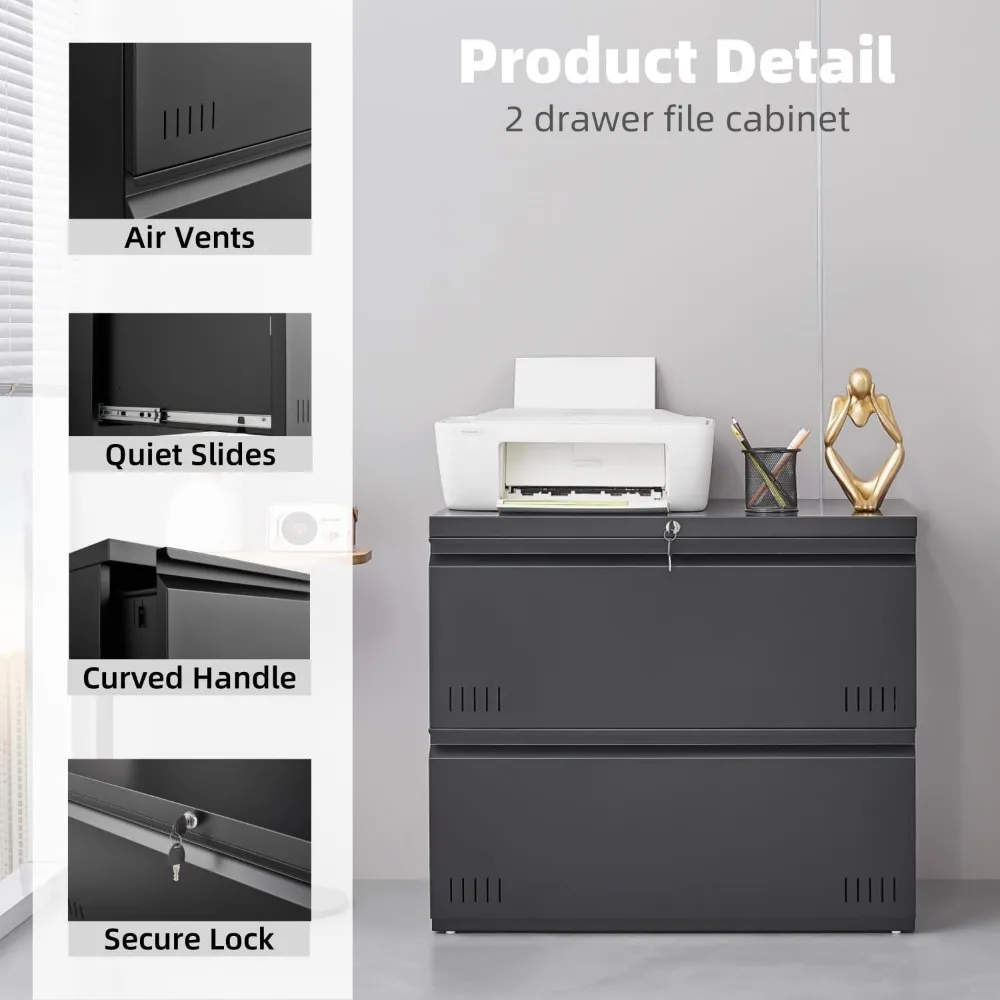 Archivador seguro de metal con 2 cajones para archivos A4, cartas y legales: negro, compatible con soporte para impresora, solución de almacenamiento de oficina