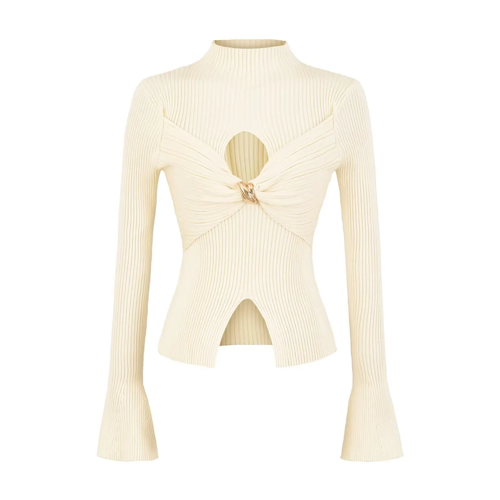 官能的な透かし編みニットベースシャツ レディース スリムフィット ハイネック インナーウェア メタルバックル ピュアデザイアスタイル 半袖トップス