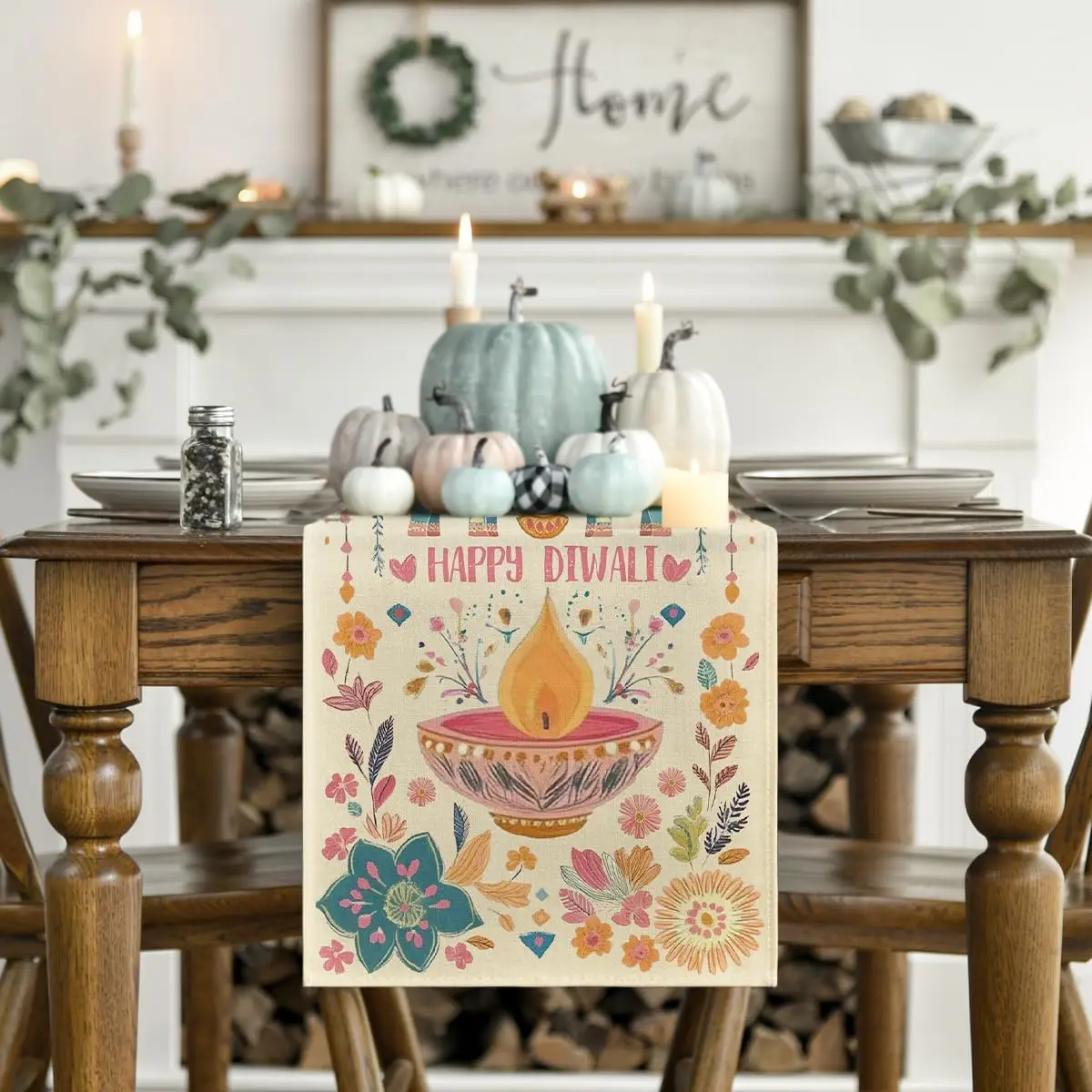 Happy Diwali Flowers Festival of Light Linen Table Runner Party Decor Reusable Kitchen Dining Table Runner Diwali Decorations