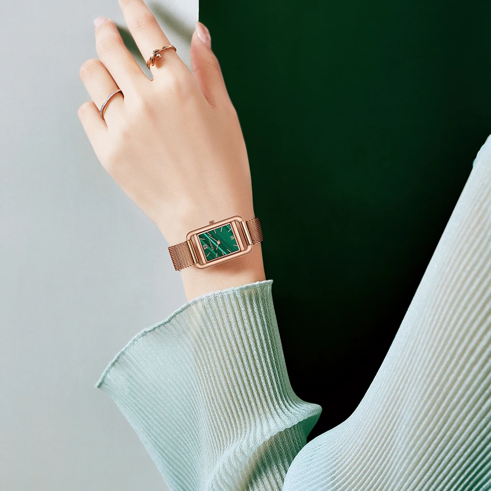 BERNY MIYOTA 5Y20 Women Watch 3ATM Waterpoof Square Sapphire Quartz Wristwatch Ladies Stainless Steel Bracelet Rose Gold Watch