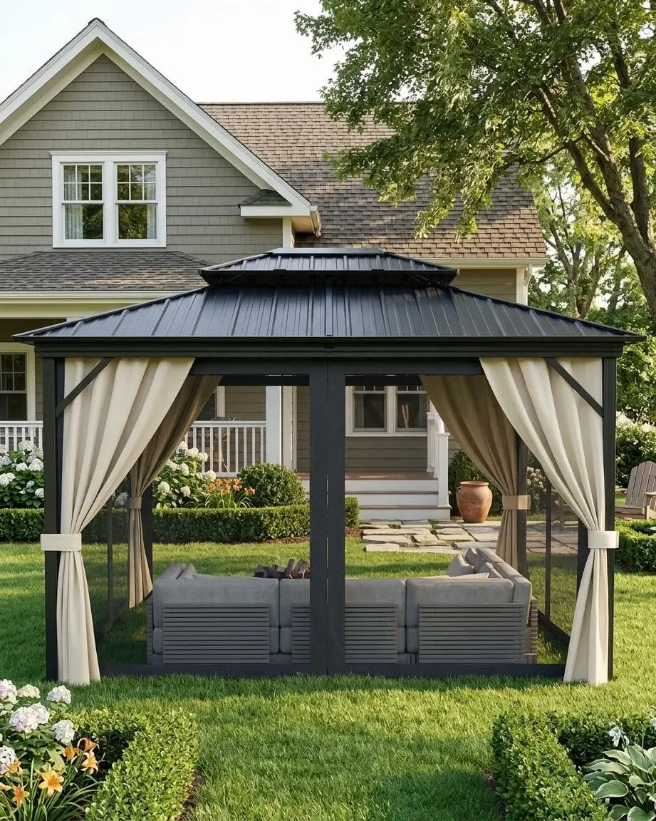 

10 x 14 FT Hardtop Gazebo with Double Galvanized Steel Roof, Breathable Netting and Privacy Curtains – Durable, Customized