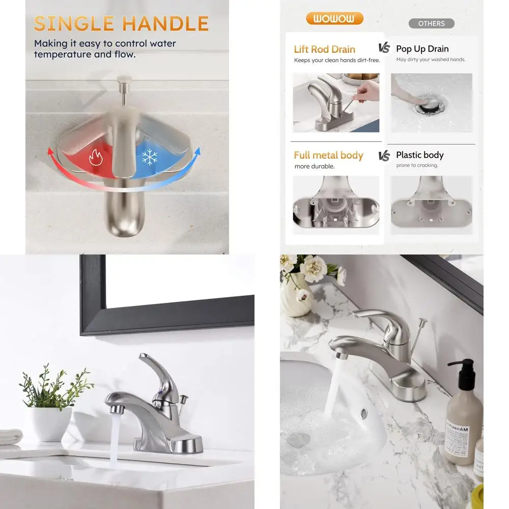 

4-Inch Centerset Single Handle Low Arc Brushed Nickel Bathroom Faucet with Pop-Up Drain for Vanity Sink