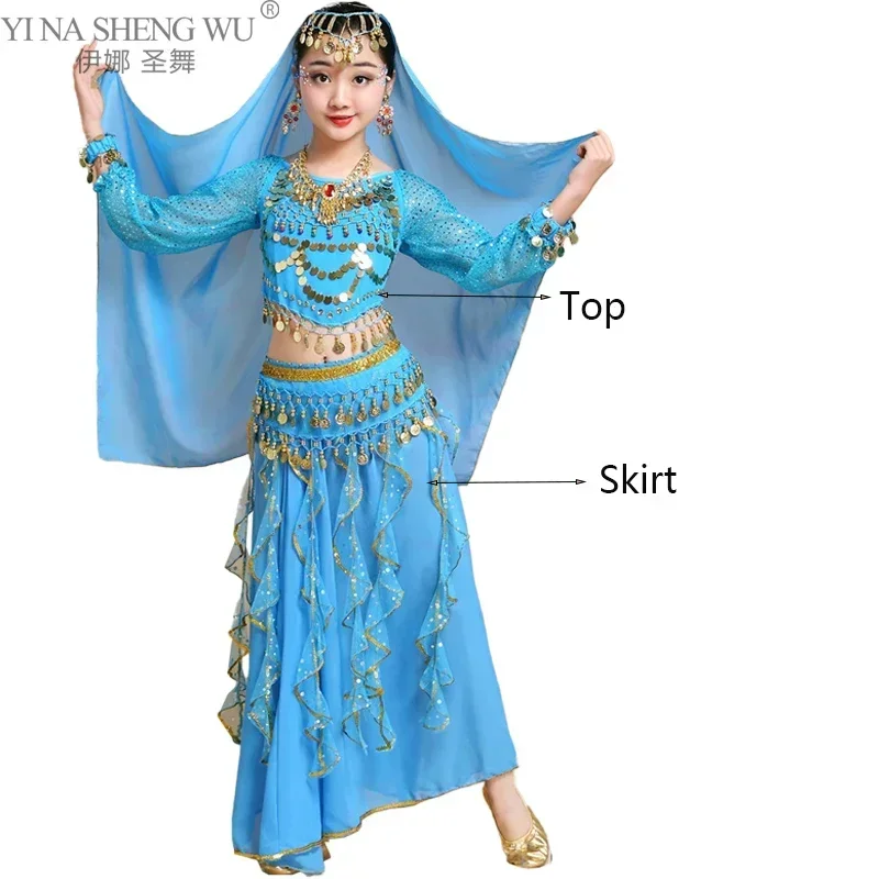 Disfraz de danza del vientre étnica india de Xinjiang egipcio para niños, vestido de manga larga para niñas y niños pequeños