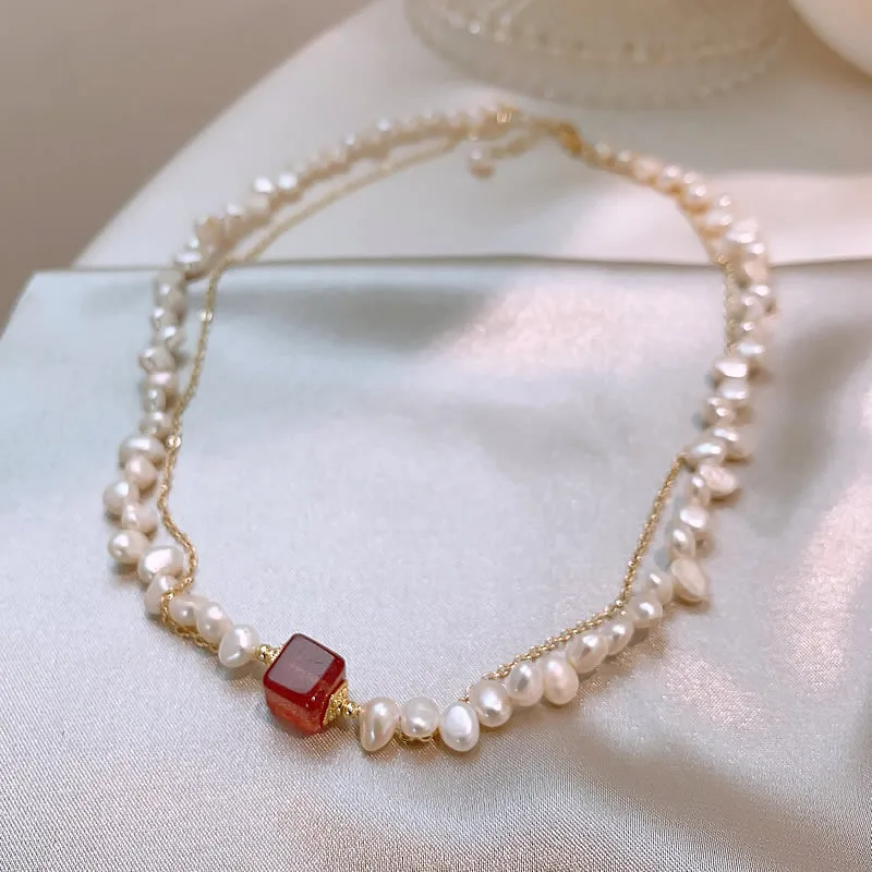 New Arrival Elegant Natural Freshwater Pearl & Square Strawberry Quartz 14K Gold Filled Female Necklace Jewelry For Women Gifts