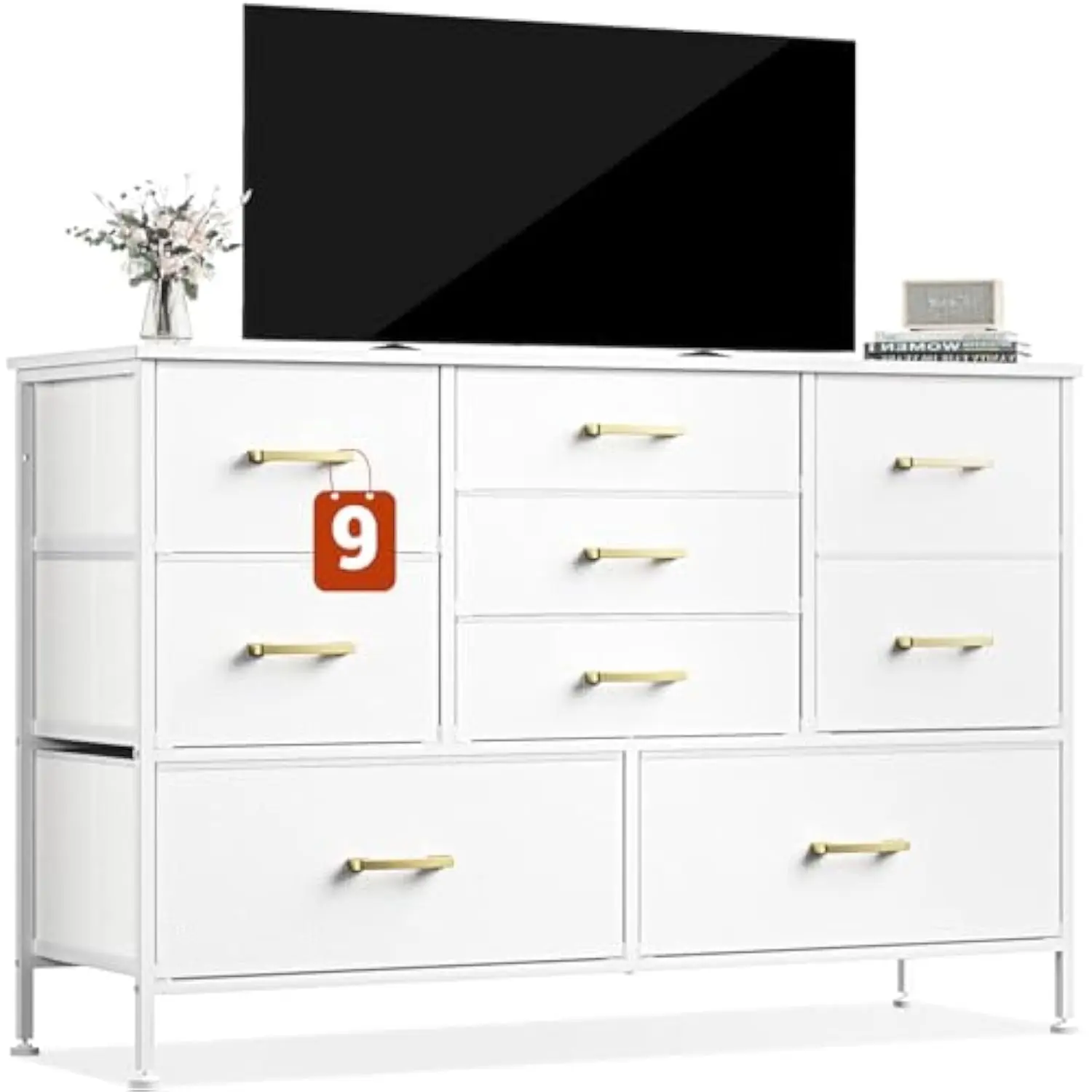 

White Dresser for Bedroom TV Stand, Wide Dresser with 9 Large Drawers for 55” Long TV Stand Entertainment Center, Storage Organ
