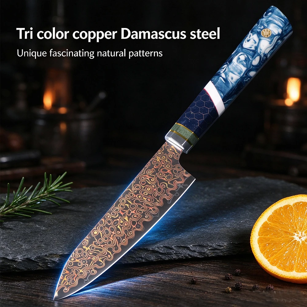 5-inch Tricolor Copper Damascus Steel Kitchen Knife With Sharp Edges peeler Knife Fruit Vegetable Meat Cutting Chef Cooking Tool