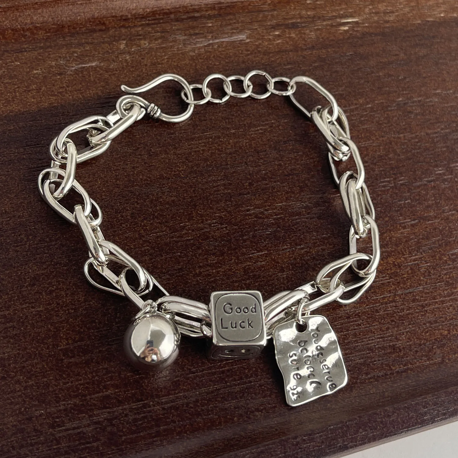 925 Sterling Silver "Good Luck" Charm Link Bracelet - Image 5