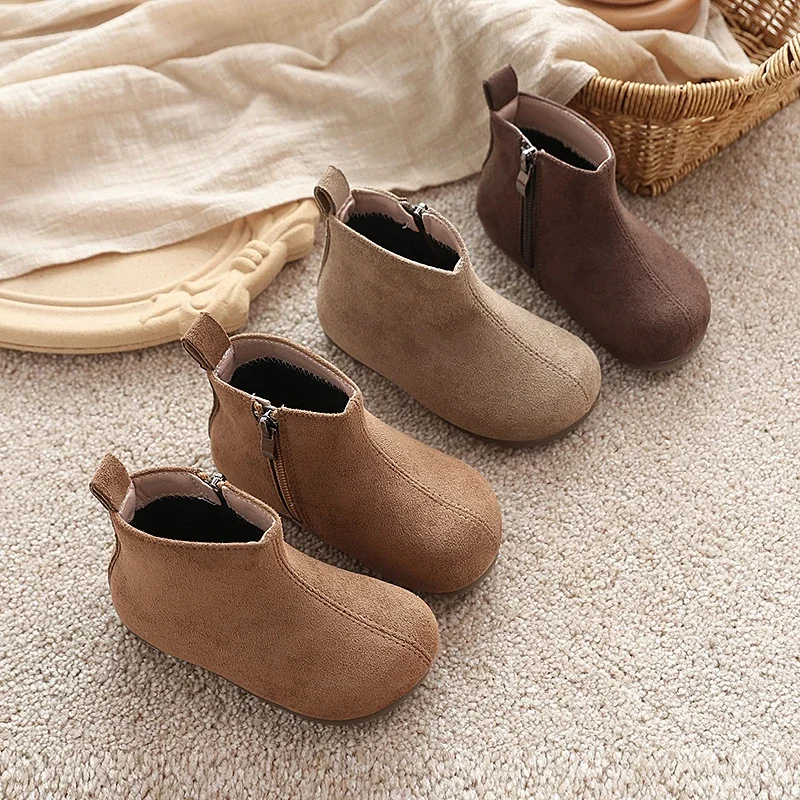 Toddler Kids Fleece Lined Ankle Boots, Side Zipper Design, Soft Sole Warm Non Slip Boots for Baby Daily Walking & Outdoor Wear
