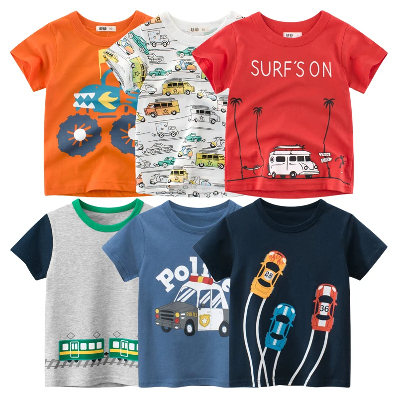 남아용 자동차 티셔츠, 트럭, 버스, 어린이 상의, 반팔, O-넥, 코튼, 아동복, 2-10 세, 직송, 2025 여름 신상