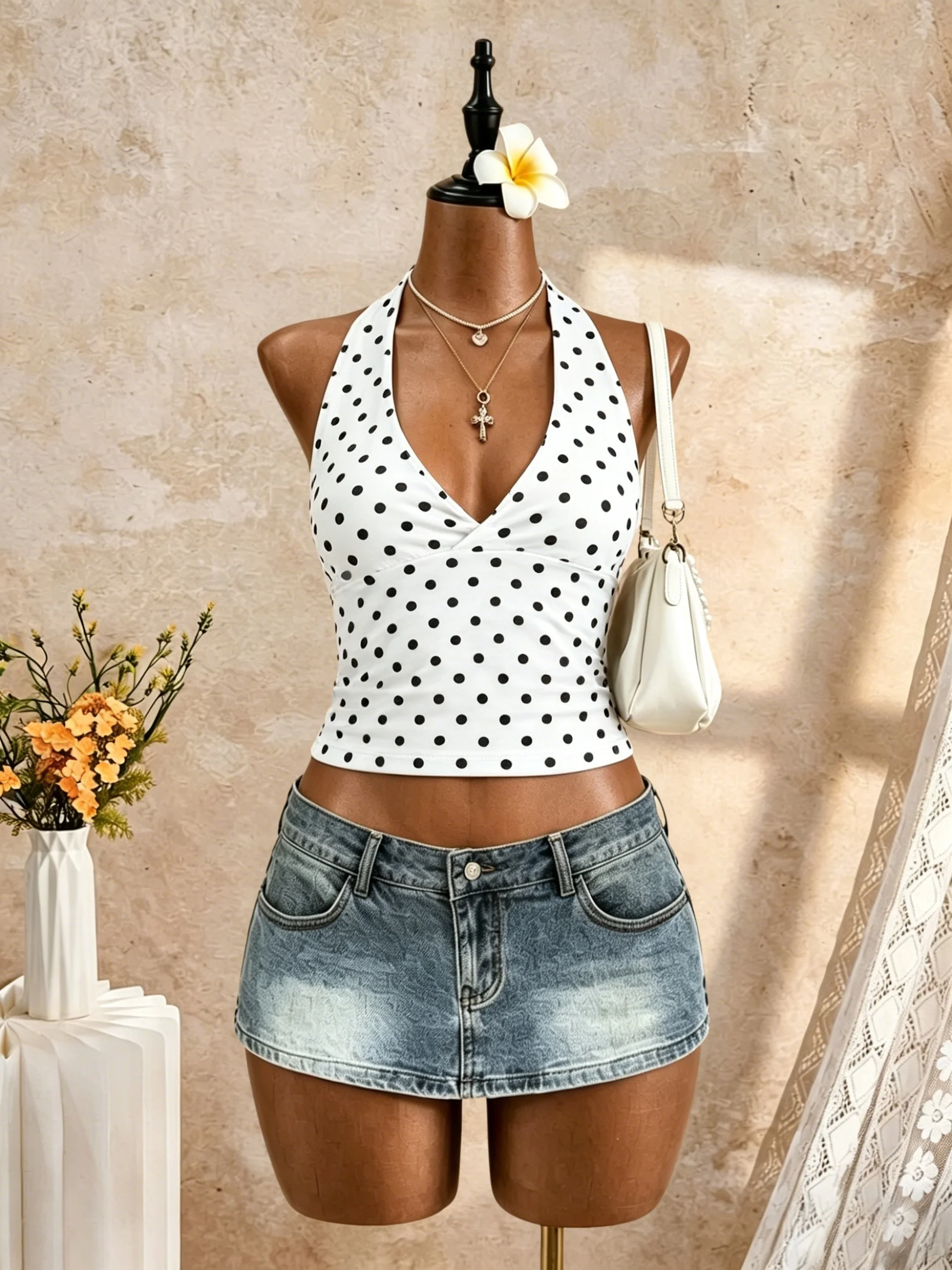 Damen Neckholder-Crop-Top mit V-Ausschnitt und Polka-Dot-Print, weiß, schwarze Punkte, ärmellos, schmale Passform, Sommer-Strand-Tanktop – Detail 1