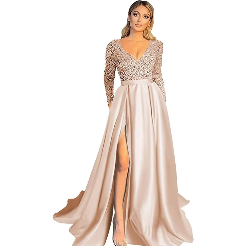 Customized A Line Women Evening Dresses V Neck Long Sleeve Prom Party Gowns Sequins Side Slit Vestido De Noche robes de soirée