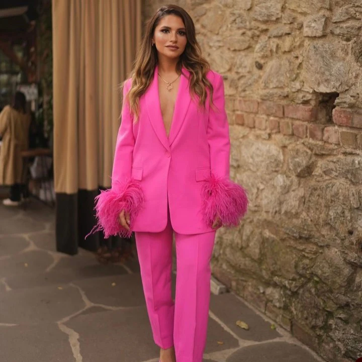 Fashion Pink Blazer Suits Women Pencil Pants Pocket Feather Jacket Elegant Office Lady Casual Daily Coat 2 Pieces Set