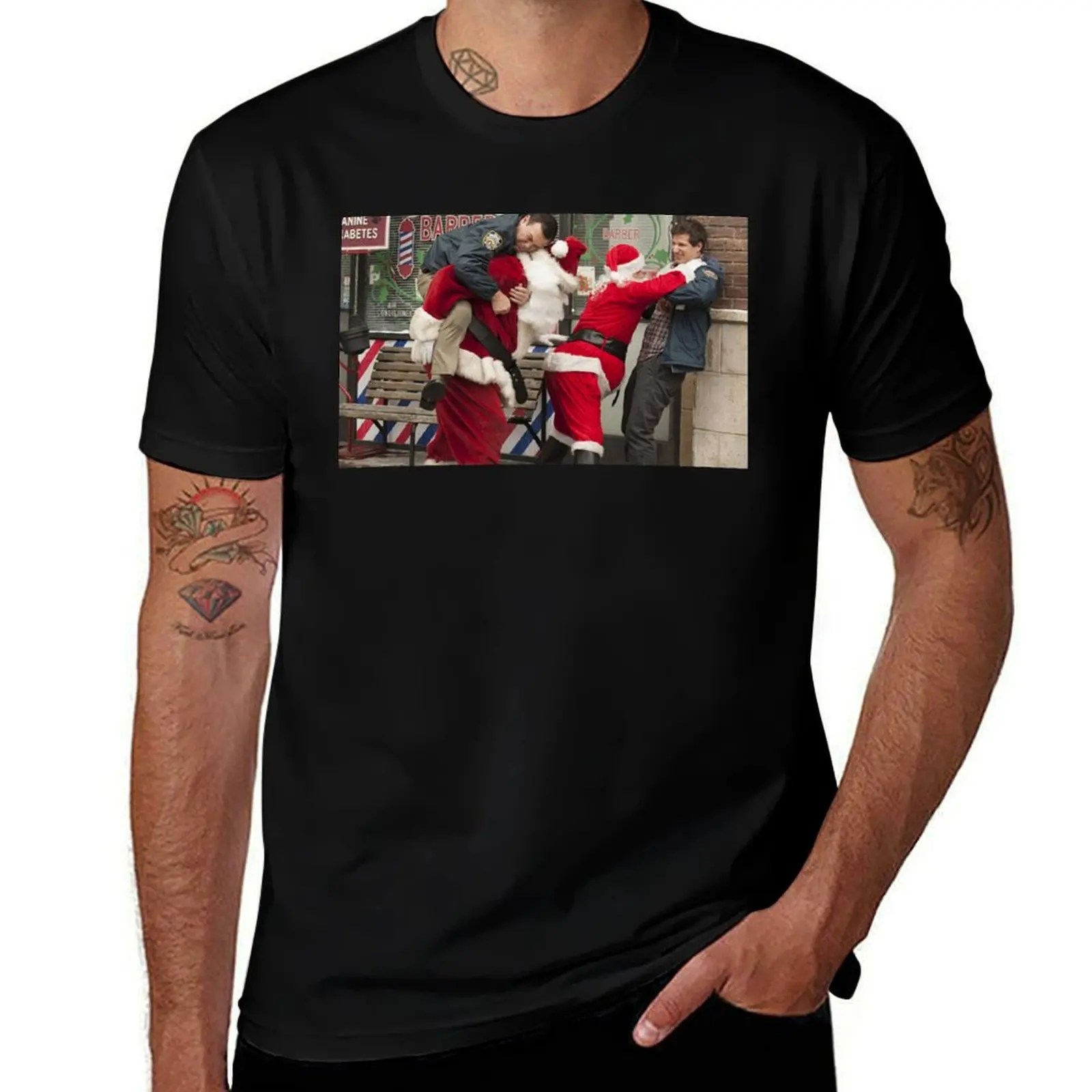 Funny Christmas - Fighting with Santa Claus T-Shirt Work Basic Short Sleeve Top T-Shirt