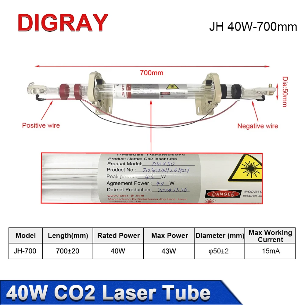 

Лазерная трубка DIGRAY JH 40W Co2, диаметр 50 мм, длина 700 мм, подходит для гравировальных и режущих станков