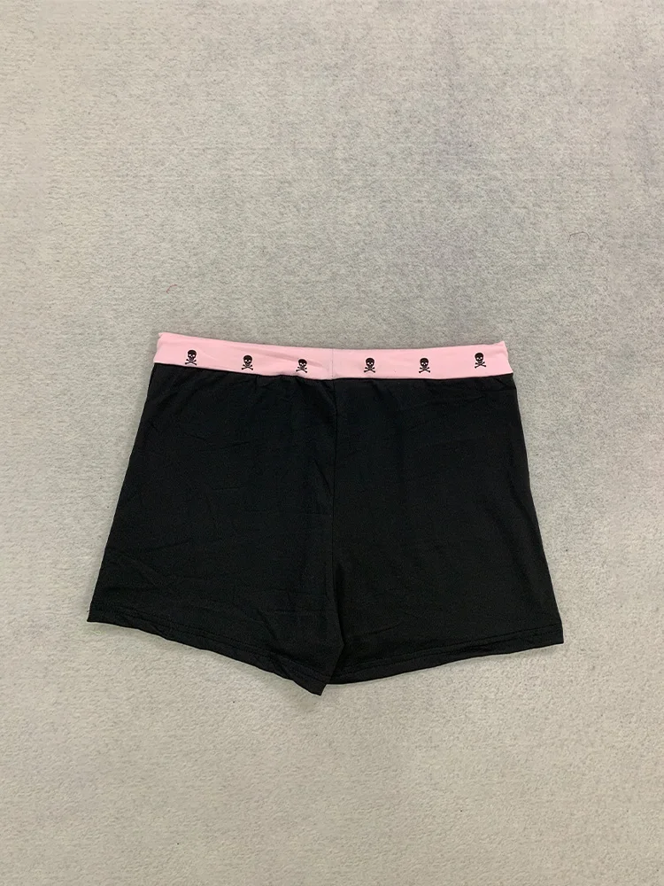 Sommer Damen Y2K Gothic Grunge Streetwear Rosa Totenkopf-Print Kontrast-Bund Niedriger Bund Kordelzug Elastische Schlanke Mini Booty Shorts – Detail 6