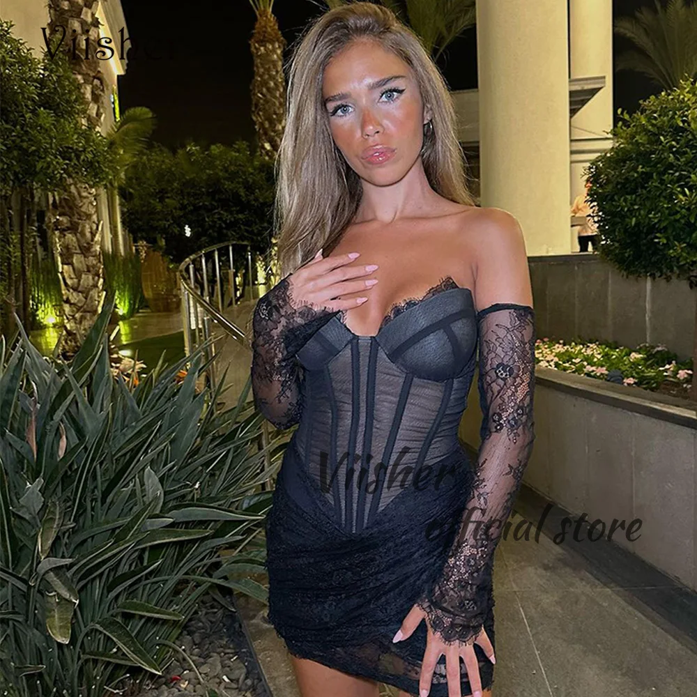 

Viisher Black Lace Short Prom Party Dresses Sexy Illusion Corset Sweetheart Cocktail Dress Women Mini Evening Gowns Night Wear