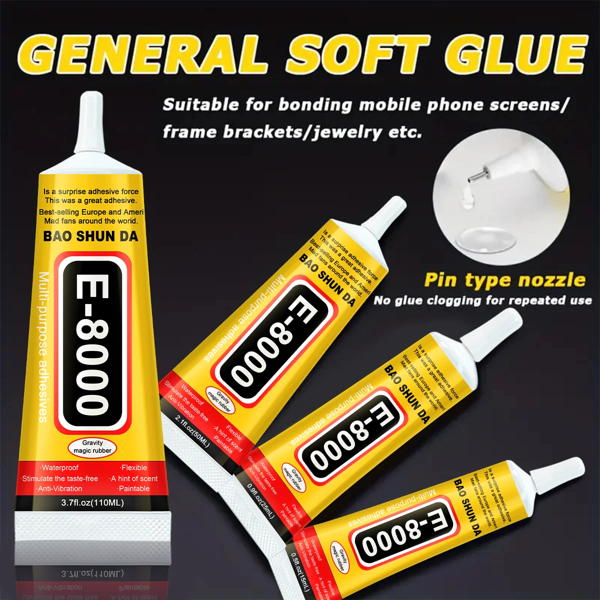 Transparent adhesive for telephone repair, E8000, fabric fabric, Contact, DIY, metal, drink, deformed screen frame sealant, versatile glue with precision applicator, 15ML, 25ML, 50ML, 110ML