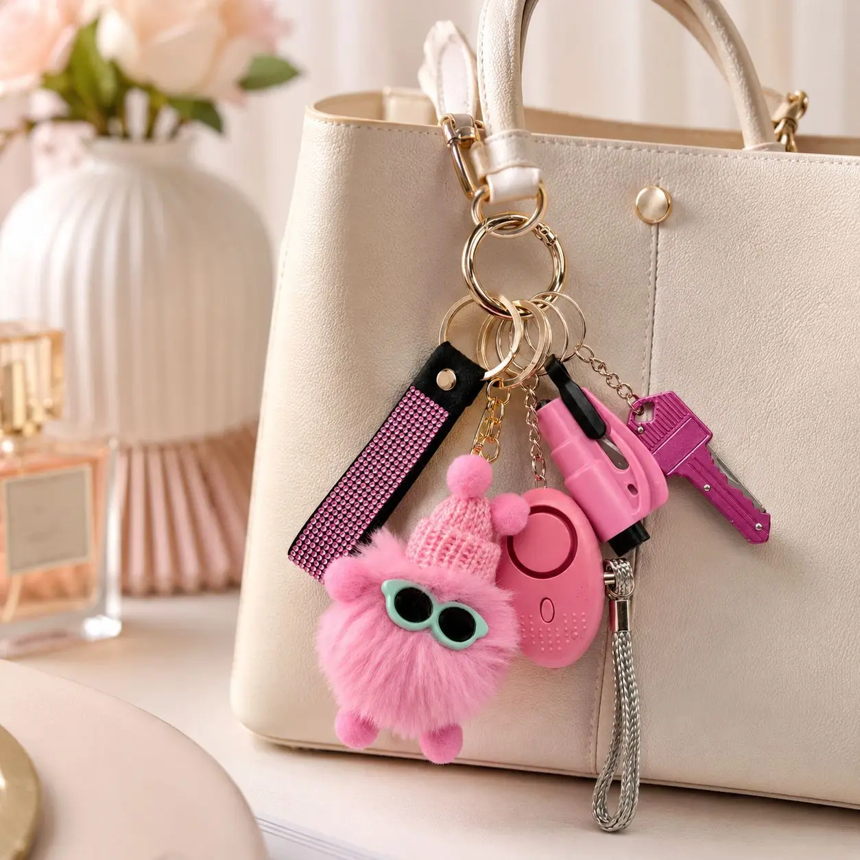 Diamond-encrusted Wrist Strap Keychain Plush Pendant 6-piece Set Women's Creative Bag Pendant Multifunctional Keychain