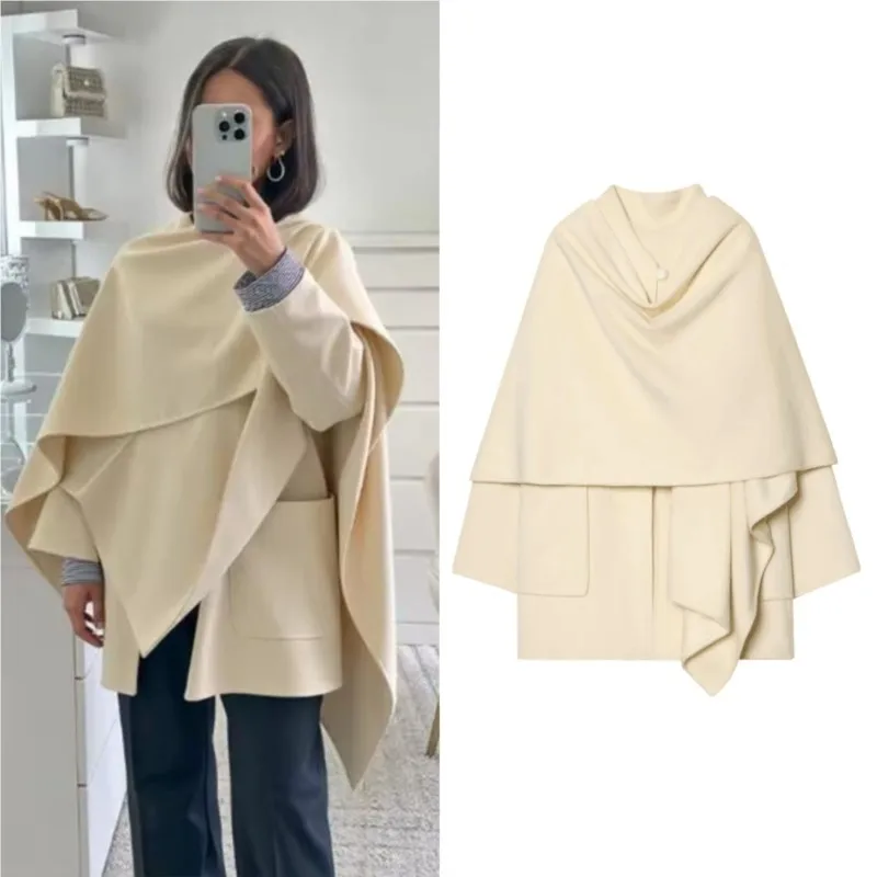 

Women's Wool Blended Shawl Cloak Coat 2025 Autumn Winter Long Sleeve Loose Jacket Female Elegant Fashion Street Overcoat