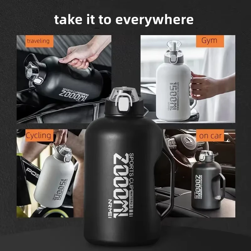 Flask Thermal Insulated Gym Portable Straw Thermos Liter Cup Vacuum Bottle 2 Outdoor Sports Water Steel Stainless