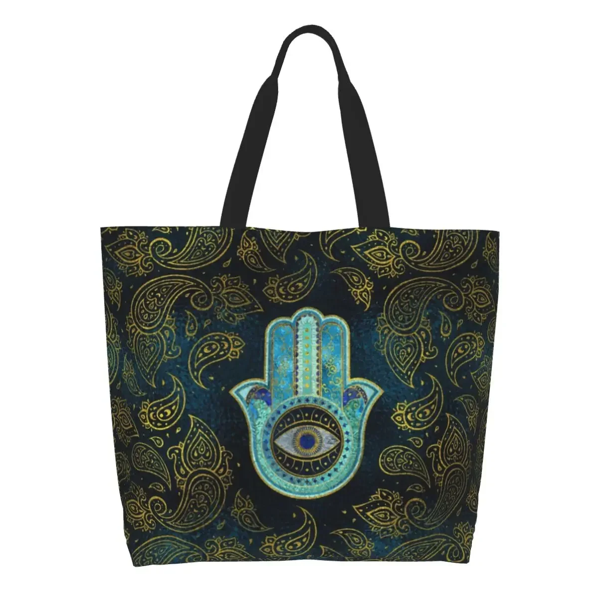 Fashion Printed Hamsa Hand With Paisley Background Tote Shopping Bags Washable Canvas Shopper Shoulder Amulet Handbag